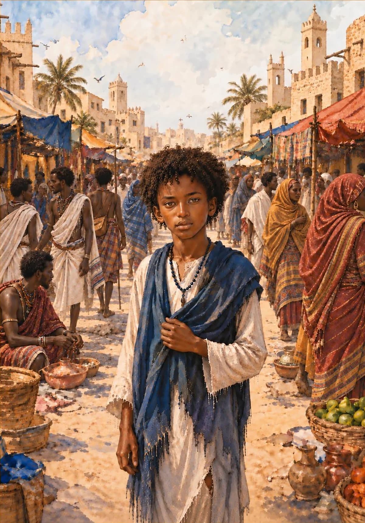 Alla-Udin au milieu d'un marché, sur les rives de la mer Rouge